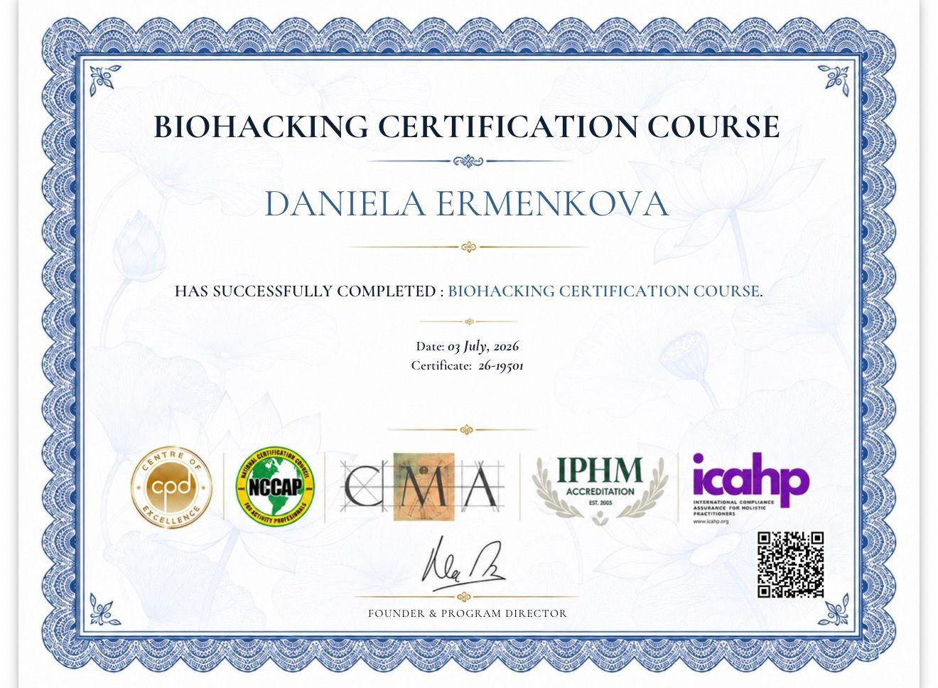 Biohacking Certification Course certificate CMA Academy Daniela Ermenkova